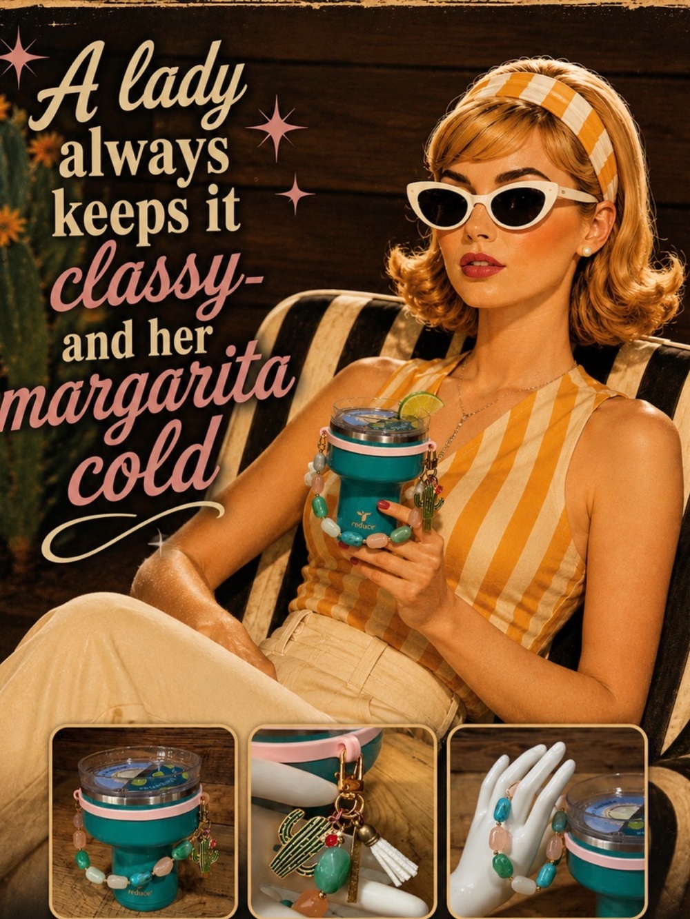 Retro Teal Margarita Tumbler with Charm - Velvet Cactus